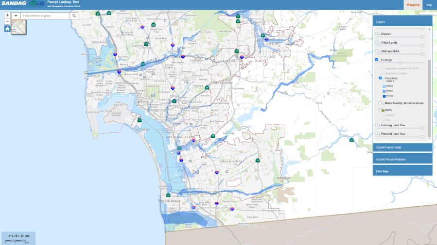 Areas in South County that have been designated as flood-prone are shaded in blue.