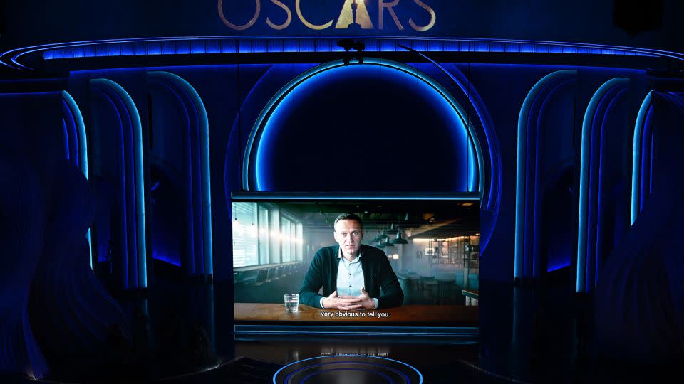 A clip of late Russian opposition leader Alexey Navalny is played onstage during the 96th Annual Academy Awards in Hollywood, California on March 10, 2024. - Patrick T. Fallon/AFP/Getty Images