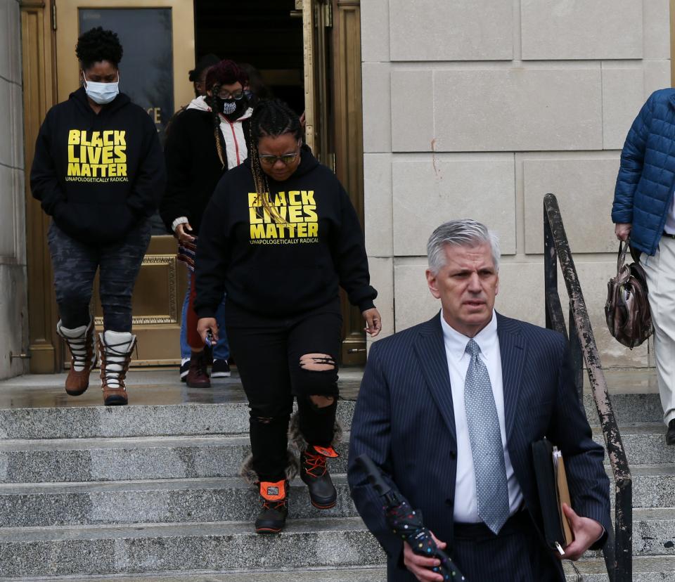 Attorney Patrick Renn walks out after Quintez Brown was arraigned in Federal Court in the attempted shooting of Craig Geenberg.April 8, 2022