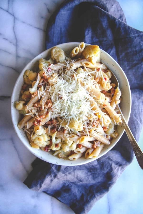 Pancetta Parmesan Cauliflower Pasta in a bowl