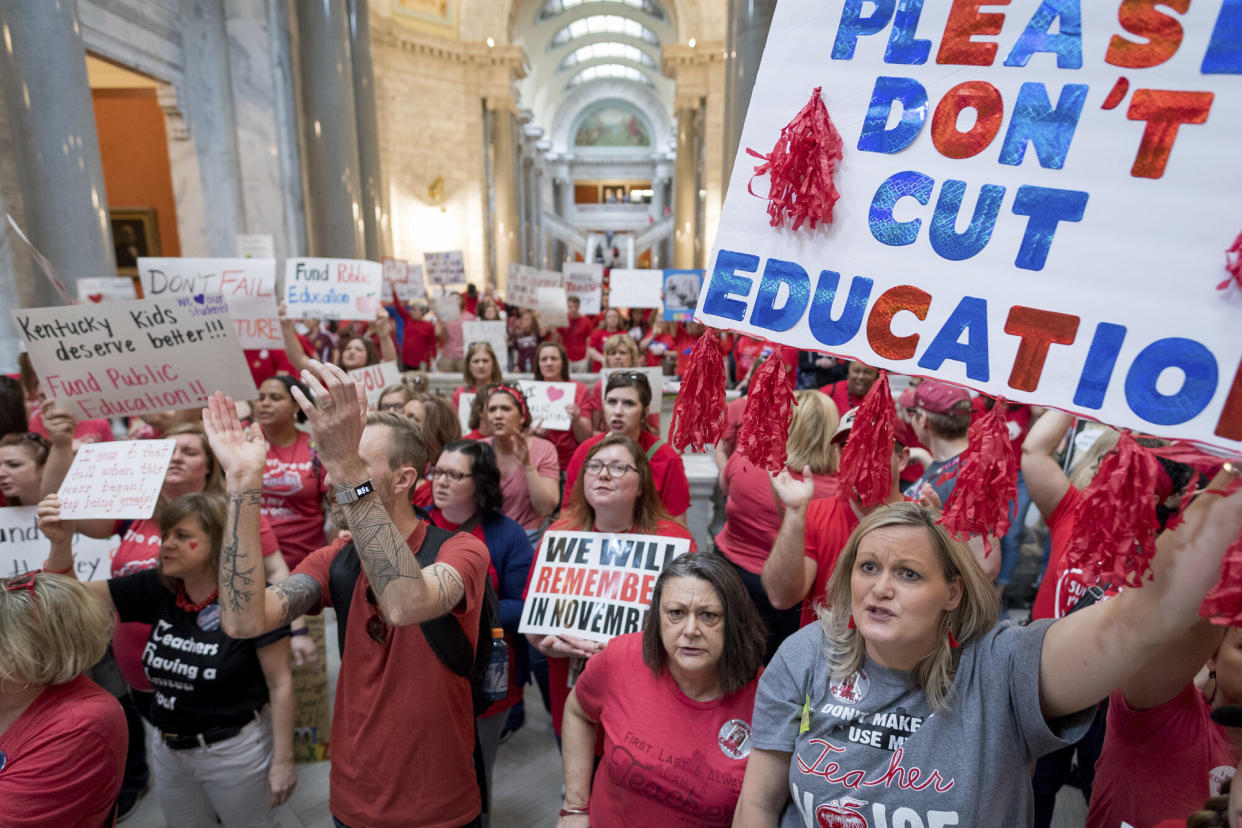 Teachers from across Kentucky gather inside the state Capitol in Frankfort to rally for increased funding and to protest changes to their state funded pension system on April 13, 2018. (Photo: ASSOCIATED PRESS)