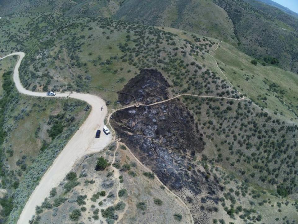 The burned remains of a a wildfire in the Boise foothills. The top layer of ash will have water-repellent soil underneath.