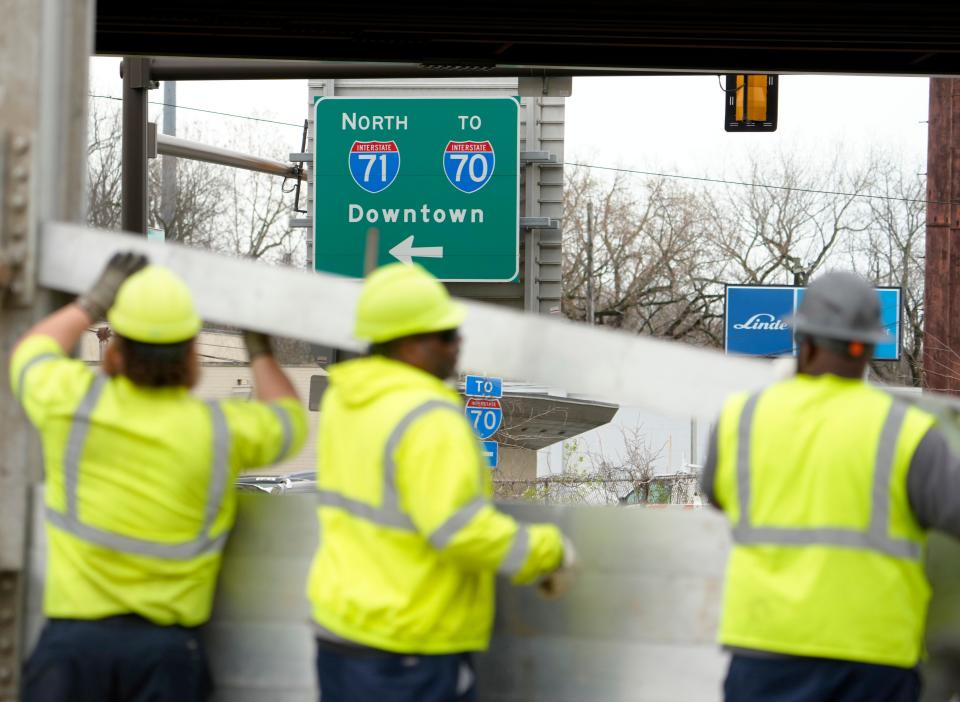 April 2, 2024; Columbus, Ohio, USA; 
The City of Columbus Department of Public Utilities installs flood walls where I-71 South runs over Greenlawn Avenue near Harmon Avenue.