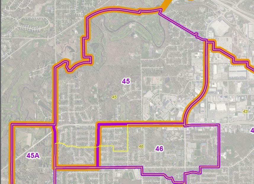 Proposed new city of Green Bay ward maps show how the new Ward 45 and 46 outlines, shown in purple, compare to the current ward outlines, shown in yellow.