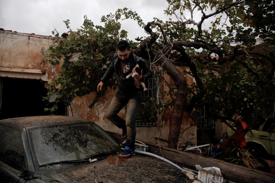 <p>A local, carrying a dog in his jacket, saves a cat that was trapped in a tree, following a heavy rainfall in the town of Mandra, Greece, Nov. 16, 2017. (Photo: Alkis Konstantinidis/Reuters) </p>