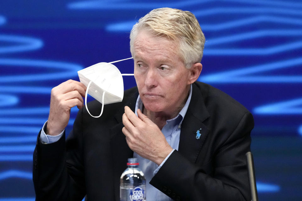 Tournament director Craig Tiley hold the draw for the Australian Open tennis championship in Melbourne, Australia, Thursday, Jan. 13, 2022. AP Photo/Mark Baker/Pool)