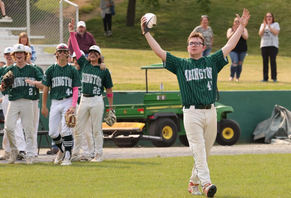 Abington's James Madden celebrates before the game against Norwell on Wednesday, May 24, 2023.  