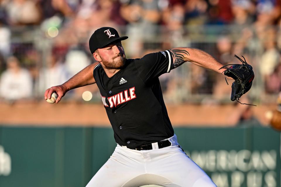 Jun 10, 2022; College Station, TX, USA; Louisville pitcher Jared Poland (25) delives the pitch during the first inning against the Texas A&M.  Credit: Maria Lysaker-USA TODAY Sports