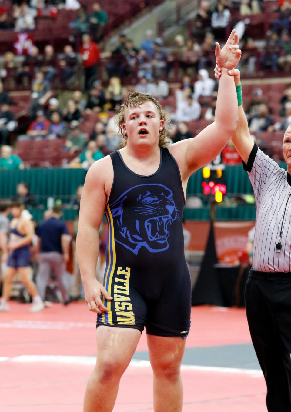 Maysville senior Gauge Samson advanced to the championship at 285 pounds with a 3-2 win against London's Thad Huff in the winners bracket semifinals during the Division II state tournament on Saturday, March 12, 2022, at Ohio State's Value City Arena. Samson is bidding to become the first state champion in program history.