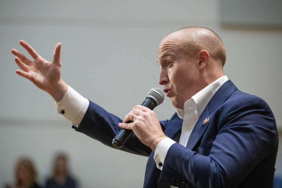 U.S. Rep. Max Rose speaks to constituents during a town hall meeting, Wednesday, Oct. 2, 2019, at the Joan and Alan Bernikow Jewish Community Center in the Staten Island borough of New York. (AP Photo/Mary Altaffer)