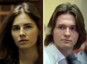 A combination of two pictures shows Italian Raffaele Sollecito (R) during a press conference on July 1st, 2014 in Rome and Amanda Knox