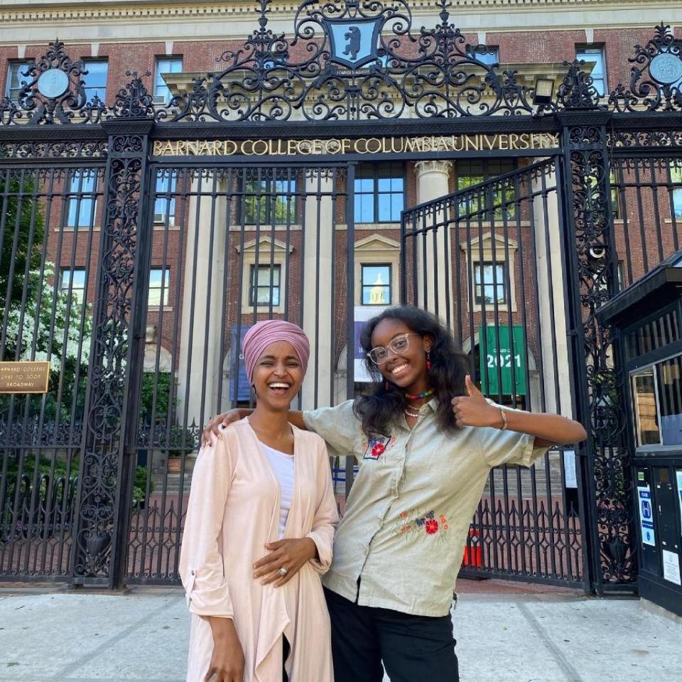 Isra Hirsi, pictured with mom, Rep. Ilhan Omar (D-Minn.), was also suspended from the Columbia-affiliated Barnard College. Instagram/Isra Hirsi