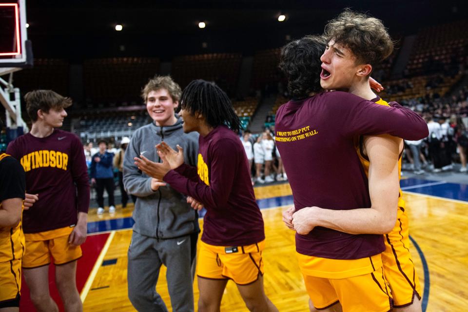Windsor's Madden Smiley celebrates after winning a class 5A Final 4 game against Vista PEAK Prep at the Denver Coliseum in Denver, Colo., on Thursday, March 7, 2024