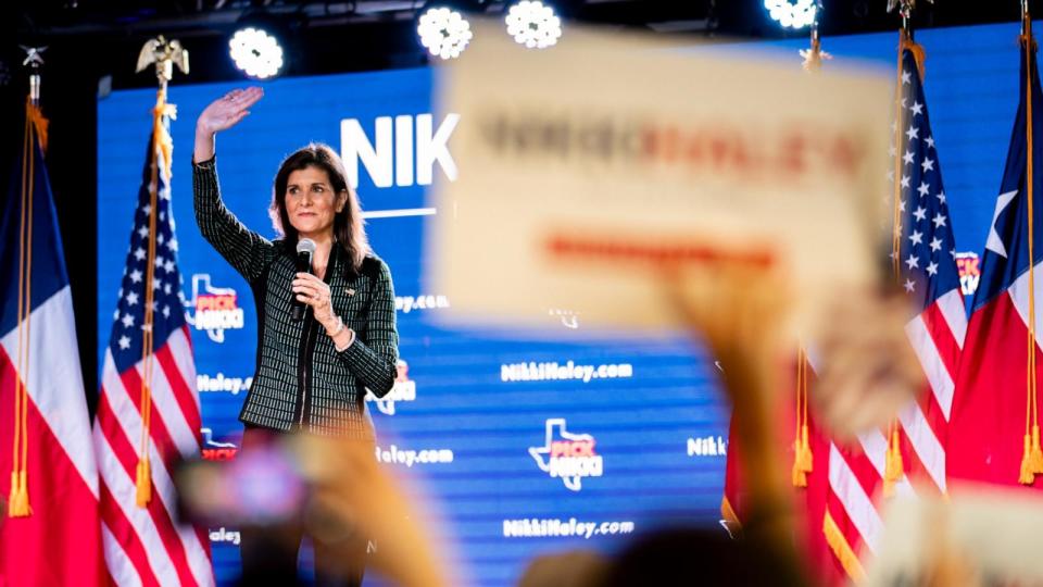 PHOTO: Republican presidential candidate former U.N. Ambassador Nikki Haley waves to the crowd at the conclusion of a campaign rally at the Sawyer Park Icehouse bar, March 4, 2024, in Spring, Texas.  (Brandon Bell/Getty Images)
