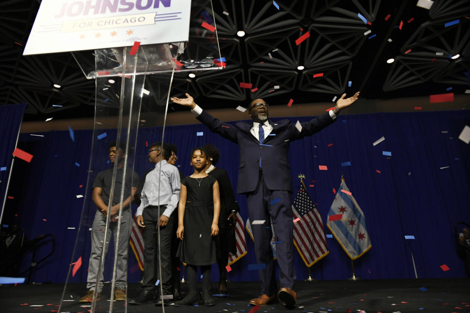 Chicago Mayor-elect Brandon Johnson celebrates with his family and supporters after defeating Paul Vallas in the mayoral runoff election, late Tuesday, April 4, 2023, in Chicago. (AP Photo/Paul Beaty)