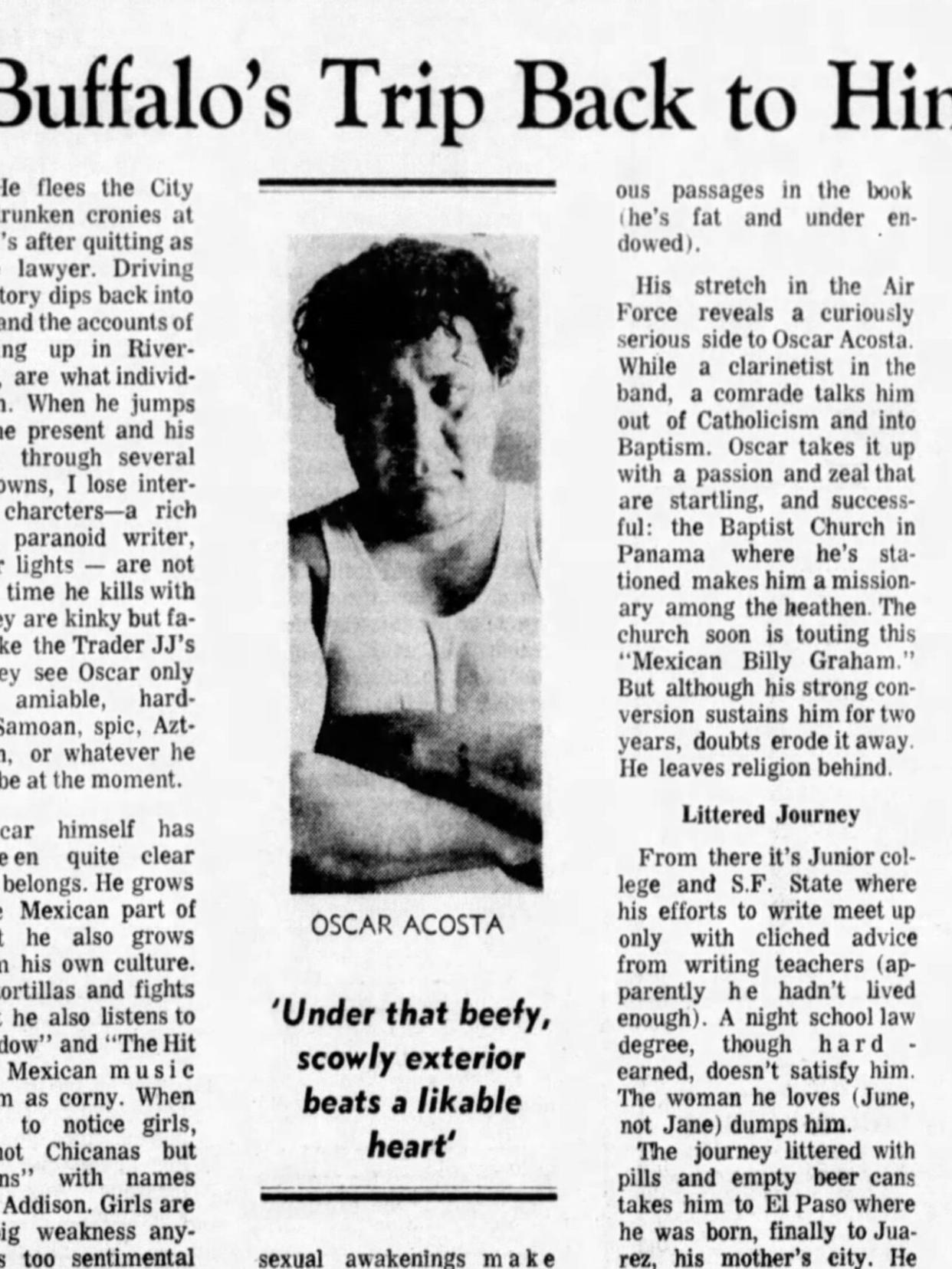 The real Dr. Gonzo: Oscar ‘Zeta’ Acosta. He is here shown in a <em>San Francisco Examiner</em> write-up of his 1972 memoir, <em>The Autobiography of a Brown Buffalo</em>.