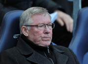 Manchester United manager Alex Ferguson gestures as he watches his team play against Manchester City during their English Premier League match at The Etihad Stadium in Manchester, north-west England, on April 30, 2012. AFP PHOTO/PAUL ELLIS - RESTRICTED TO EDITORIAL USE. No use with unauthorized audio, video, data, fixture lists, club/league logos or “live” services. Online in-match use limited to 45 images, no video emulation. No use in betting, games or single club/league/player publicationsPAUL ELLIS/AFP/GettyImages