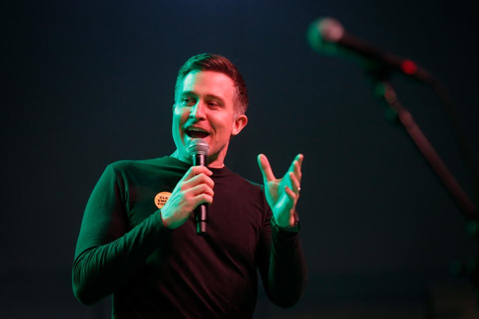 U.S. Senate candidate Lucas Kunce speaks at Springfield's second annual Earth Day Music and Sustainability Festival, at Jordan Valley Ice Park on Saturday, April 22, 2023. Kunce was the festival's keynote speaker.