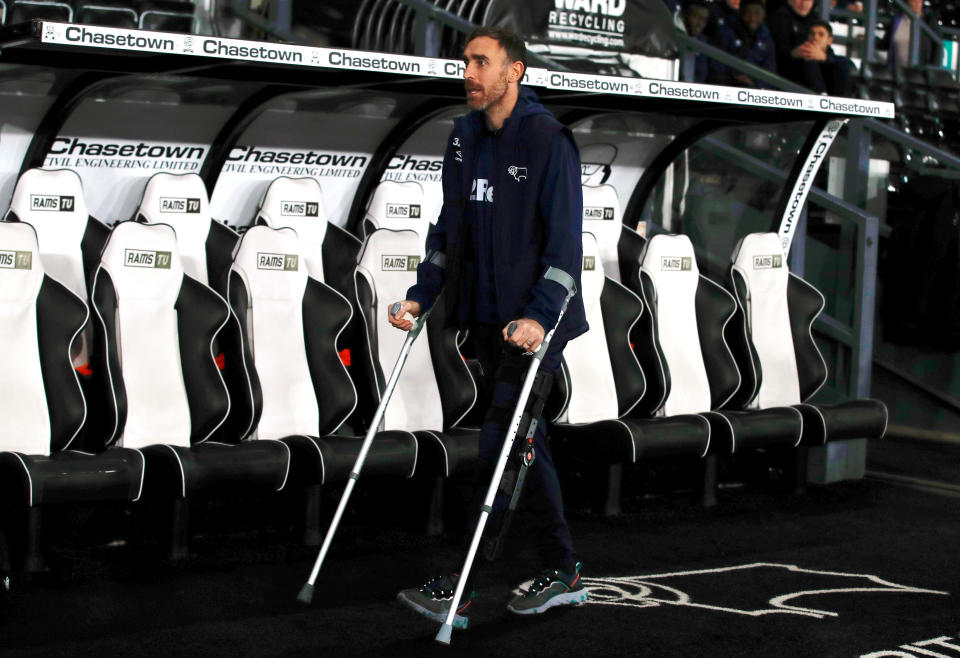 Keogh appearing in support of his Derby teammates, a month on from the crash, at the club's home game against Wigan on Oct 23 (PA) 