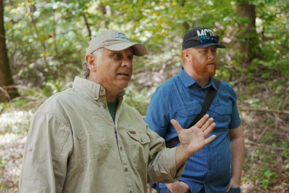 Retired U.S. Army veteran Nick Maimer, right, of Boise, and retired U.S. Army Lt. Col. Perry Blackburn, left, pictured in Ukraine in May 2022 helping advise volunteers in the Ukrainian army.