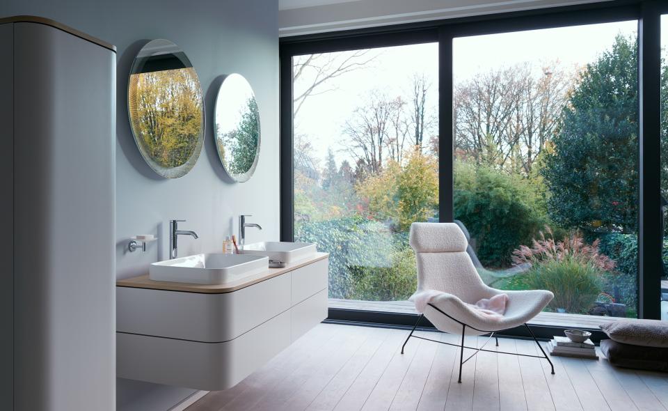 Technology hides out at home. While tech will seep into more corners of our homes, smart appliances will allow it to recede into the background (where it belongs). Less beeping and flashing will mean more efficiency and a greater sense of calm and well-being. Duravit's Happy D.2 Plus mirrors, for example, are dimmable and conveniently self-defog; more importantly, ambient lights adjust to the time of day, matching the user's circadian rhythm and improving sleep and wakefulness.