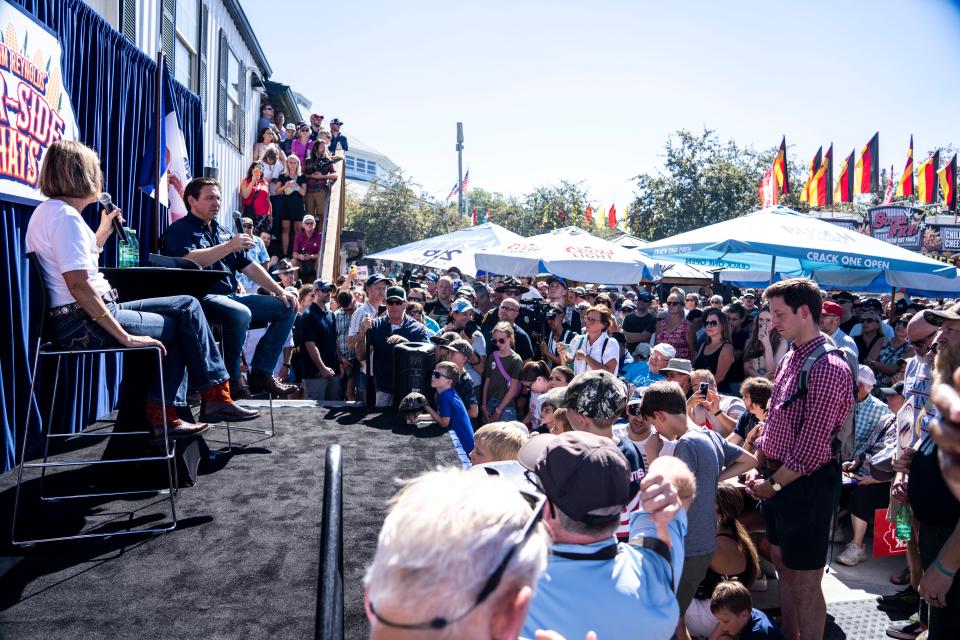 GOP presidential candidate Ron DeSantis speaks during Gov. Kim Reynolds' Fair-Side Chat during day three of the Iowa State Fair on Saturday, August 12, 2023 in Des Moines.