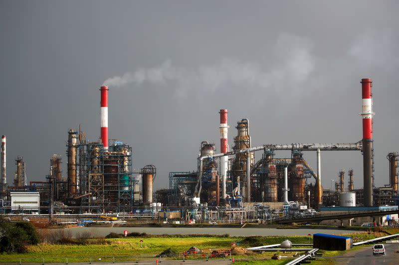 A general view shows the French oil giant Total Refinery in Donges