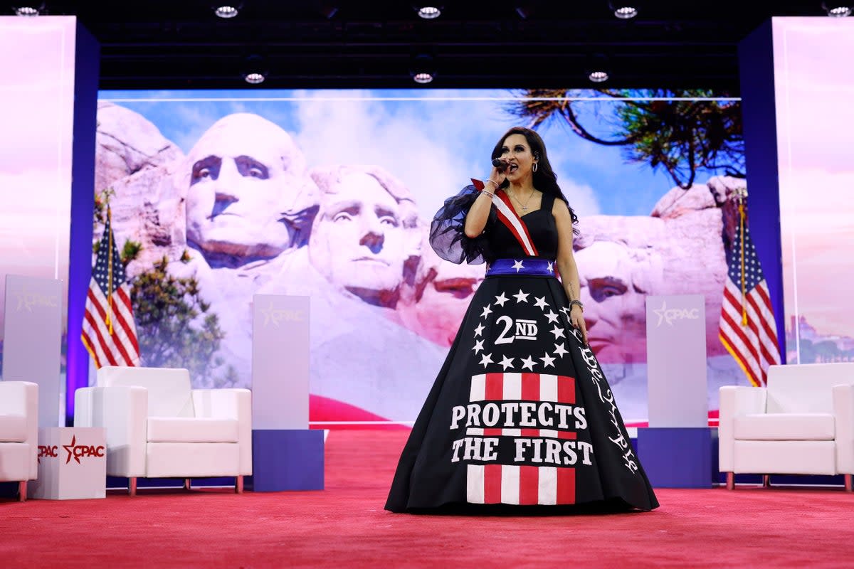 Natasha Owens pictured performing at the Conservative Political Action Conference in February. Donald Trump shared her latest hit, “The Chosen One,” on TruthSocial on Friday.  (Getty Images)