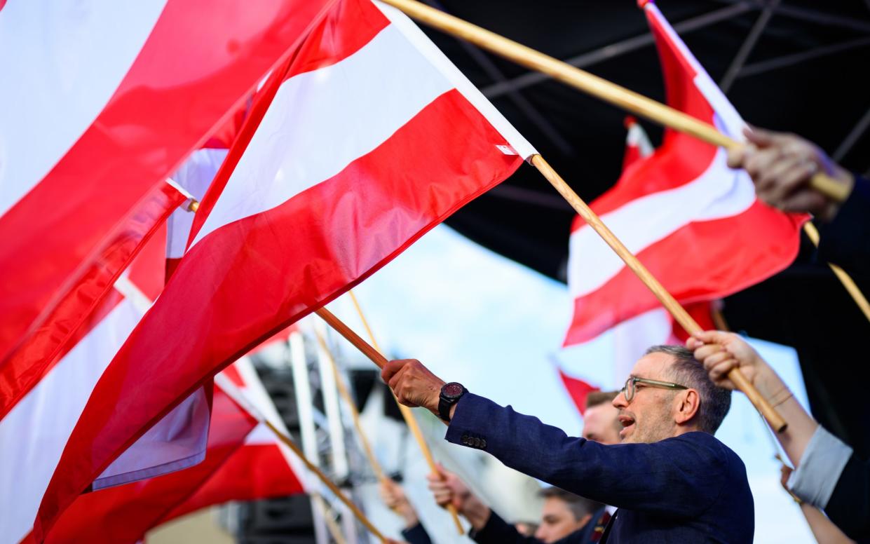 Herbert Kickl waves an Austrian flag at a rally in Vienna ahead of European elections