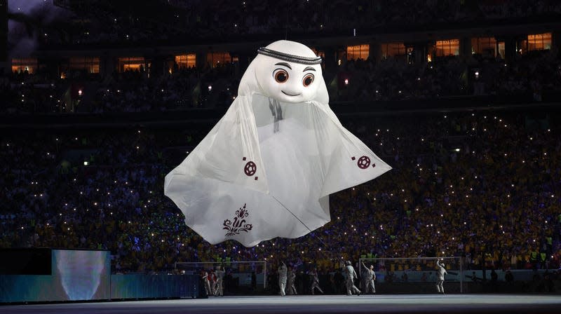 The Qatar 2022 mascot La’eeb performs during the opening ceremony ahead of the Qatar 2022 World Cup