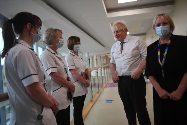 Prime Minister Boris Johnson meets with medical staff during a visit to Hexham General Hospital in Northumberland. Picture date: Monday November 8, 2021. (Photo: Peter Summers via PA Wire/PA Images)