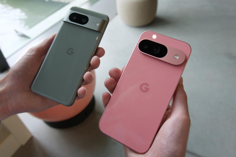 The Google Pixel 8 next to the Google Pixel 9.