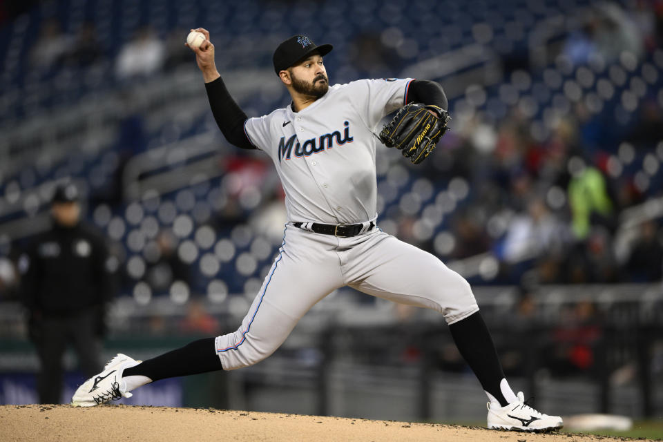 Miami Marlins starting pitcher Pablo Lopez (49) delivers a pitch during the third inning of a baseball game against the Washington Nationals, Wednesday, April 27, 2022, in Washington. (AP Photo/Nick Wass)