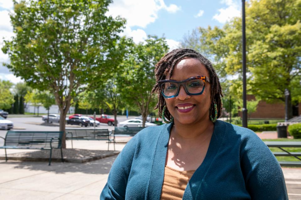 Ann Holmes, Administrative Specialist Deans Office & Continuing Education, sits outside of Bennett Hall on the Ohio university Chillicothe campus on May 4, 2023, Chillicothe, Ohio.