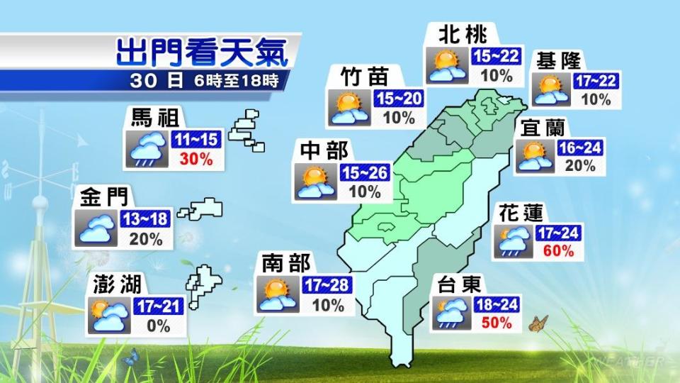 今日西半部地區為多雲到晴，花、東地區有較大雨勢發生的機率。（圖／TVBS）