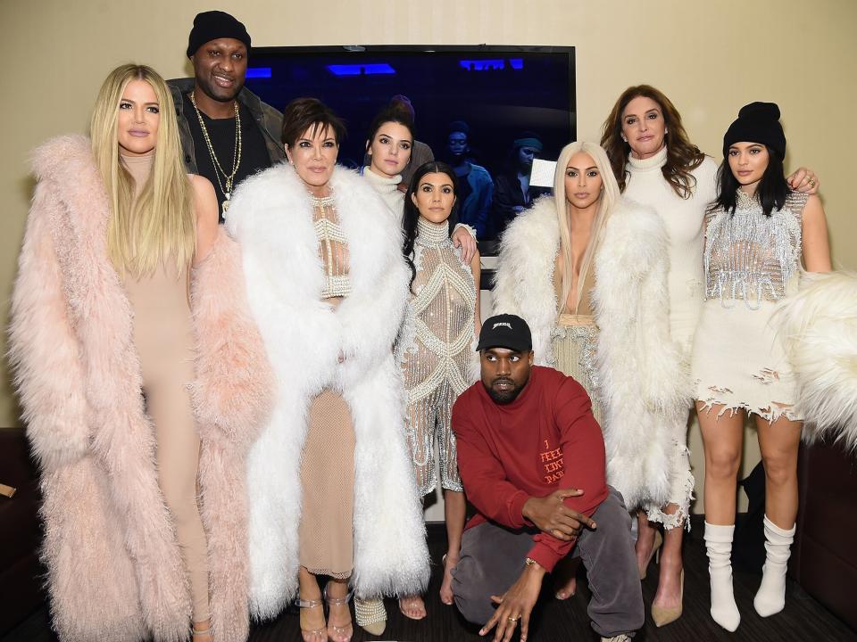 Khloe Kardashian, Lamar Odom, Kris Jenner, Kendall Jenner, Kourtney Kardashian, Kanye West, Kim Kardashian, Caitlin Jenner and Kylie Jenner attend Kanye West Yeezy Season 3 on February 11, 2016 in New York City