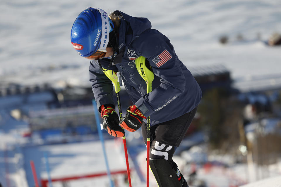 United States' Mikaela Shiffrin inspects the course during an alpine ski, women's World Cup slalom, in Are, Sweden, Sunday, March 10, 2024. Shiffrin is returning to competitions after her crash in the Cortina d'Ampezzo downhill in January, where she suffered an MCL sprain as well as a tibia-fibula ligament sprains at both the knee and ankle. (AP Photo/Alessandro Trovati)