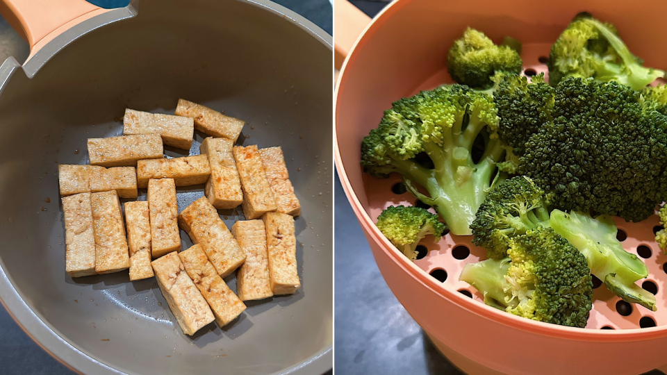 Author photos of tofu in Our Place Perfect Power Pot and broccoli in the steam basket