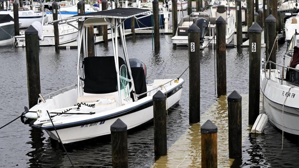 The docks were underwater at the Bayshore Gardens Park and Recreation district ahead of an anticipated high tide after noon. Several roads are closed in Manatee County as now Hurricane Debbie swept through the area on Monday, Aug. 5, 2024.