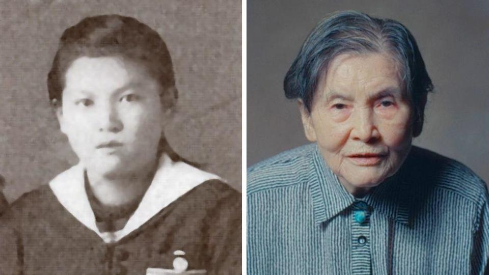 Two pictures of Chieko Kiriake placed side-by-side. The left-hand picture is black and white and shows her as a young girl with long dark hair tied back, wearing a uniform. In the right-hand picture she looks unsmiling at the camera with greying hair and a striped blouse.
