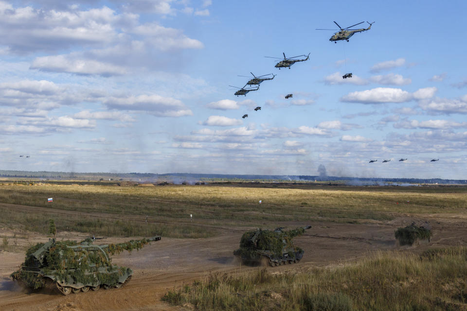 FILE In this photo released by the Russian Defense Ministry Press Service, a view of the joint strategic exercise of the armed forces of the Russian Federation and the Republic of Belarus Zapad-2021 at the Mulino training ground in the Nizhny Novgorod region, Russia, on Sept. 11, 2021. Ukrainian and Western officials are worried that a Russian military buildup near Ukraine could signal plans by Moscow to invade its ex-Soviet neighbor. The Kremlin insists it has no such intention and has accused Ukraine and its Western backers of making the claims to cover up their own allegedly aggressive designs. (Vadim Savitskiy/Russian Defense Ministry Press Service via AP, File)