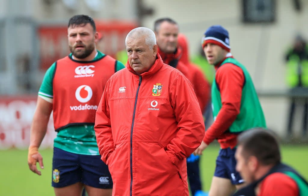 Warren Gatland, the Lions head coach, looks on during a training session at Jersey’s Stade Santander International on Tuesday (Getty)