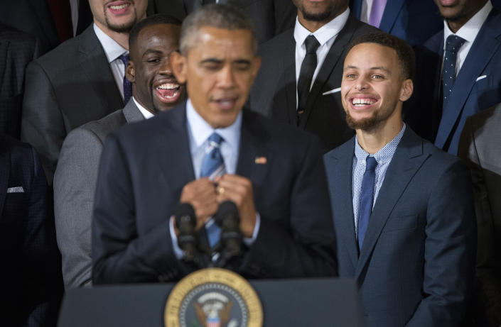 The Golden State Warriors visited President Barack Obama after winning the 2015 NBA championship. (AP)