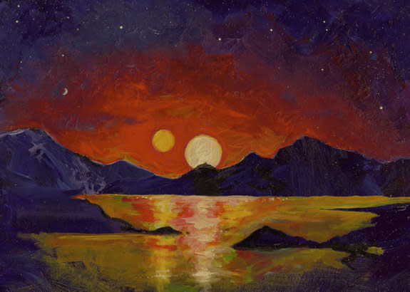 An acrylic painting by University of Utah astrophysicist Ben Bromley shows a sunset on a planet orbiting two stars. Pluto and its moons may serve as an analogue to these types of planetary systems.