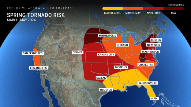 Spring tornado risk across the U.S. from March through May 2024.