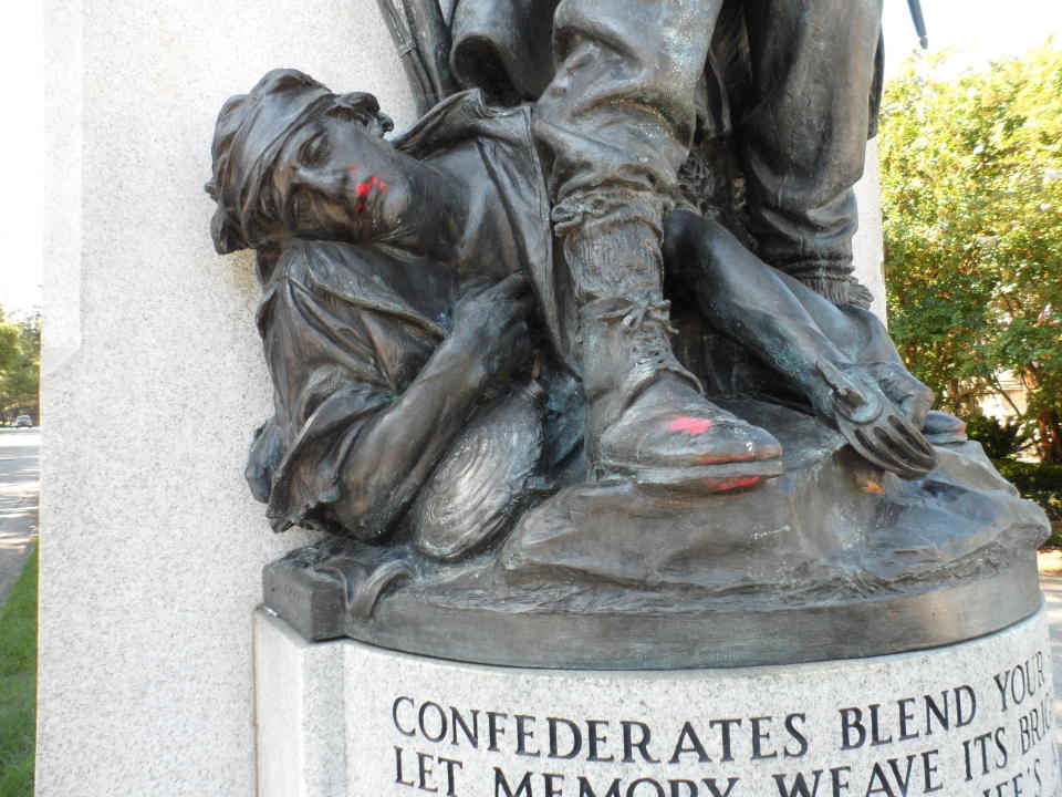 <p>Red paint is visible toward the base of the Confederate Memorial in Wilmington, N.C. on Wednesday, Aug. 16, 2017. North Carolina Gov. Roy Cooper called on Tuesday for the removal of Confederate monuments on public property around the state. (Photo: Julian March/The Star-News via AP) </p>