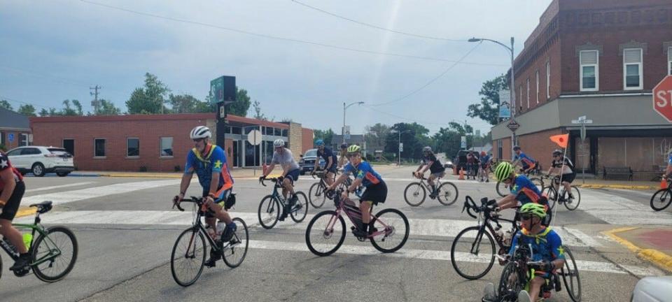 The RAGBRAI route inspection team arrives in Slater on Wednesday morning.