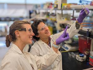 Protein Evolution’s Director of Bioprocess Development, Maren Wehrs, and Scientist Monika Rozkowska within a Joint BioEnergy Institute lab in Emeryville.