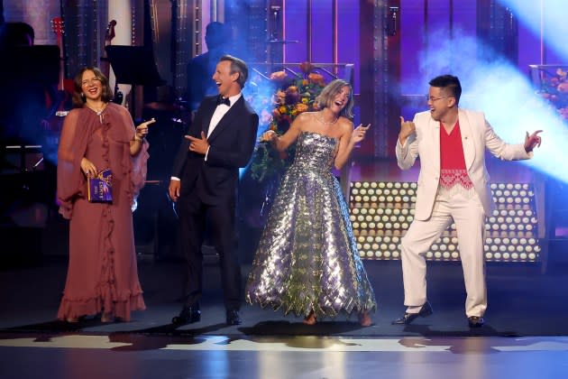 (L-R) Maya Rudolph, Seth Meyers, Kristen Wiig, and Bowen Yang speak during the 76th Primetime Emmy Awards - Credit: Leon Bennett/WireImage