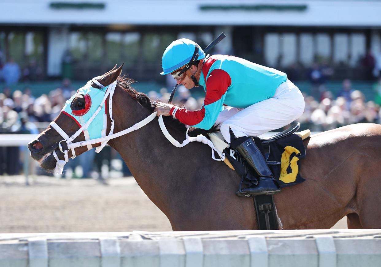 Sea Streak, ridden by Jockey Jairo Rendon, won the $100,000 Long Branch Stakes at Monmouth Park Racetrack in Oceanport, NJ on Saturday May 11, 2024. Photo by Ryan Denver/ EQUI-PHOTO